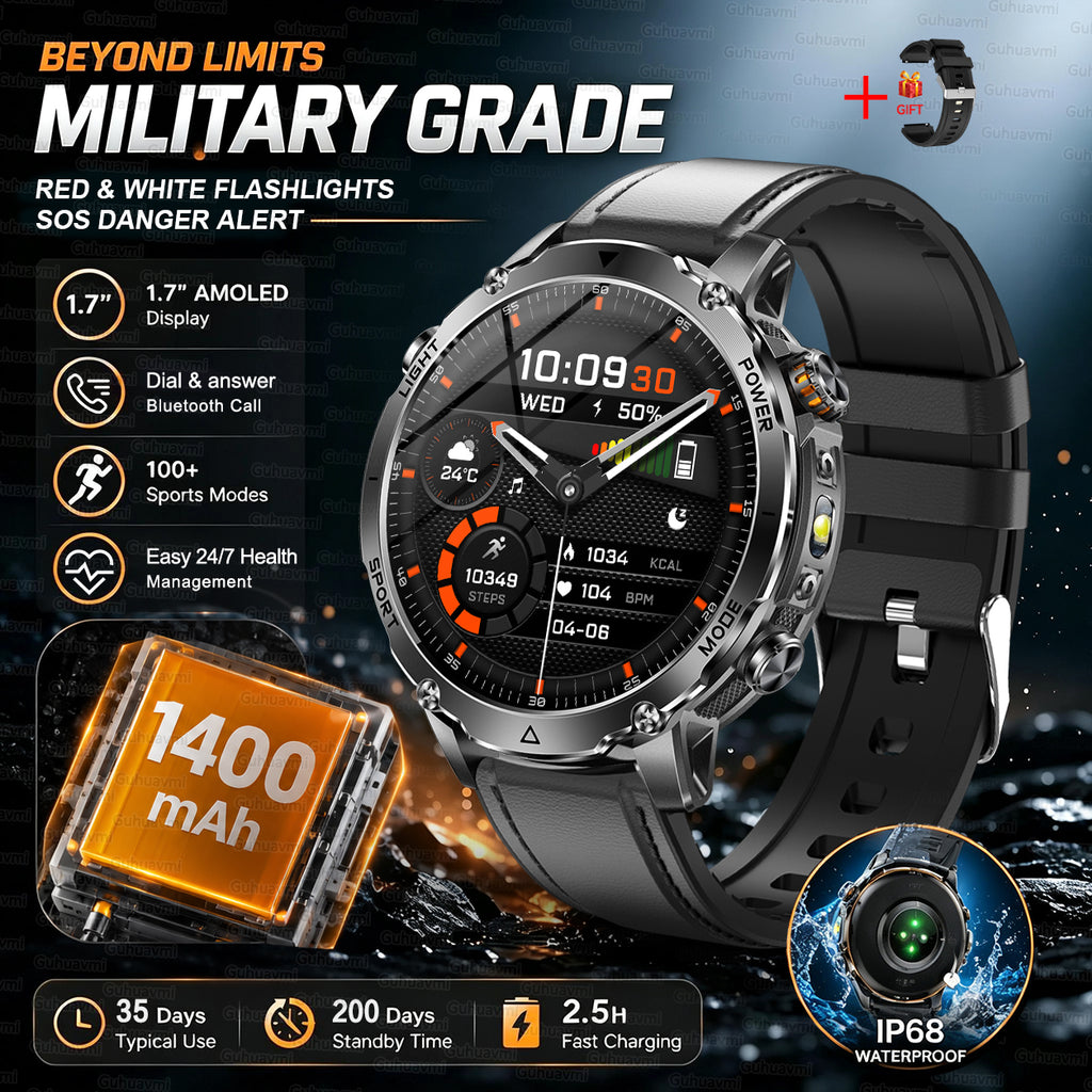 Men’s Outdoor GPS Smart Watch with 1400mAh Battery, 1.7-Inch AMOLED Display, Bluetooth Calling, LED Flashlight, 100+ Sports Modes & IP68 Waterproof – Black