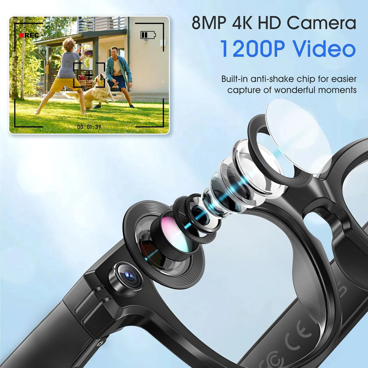 AI Smart Glasses with 8MP Camera, Photo & Video Recording, Live Translation, Bluetooth Calling, Open-Ear Audio & Photochromic Lenses