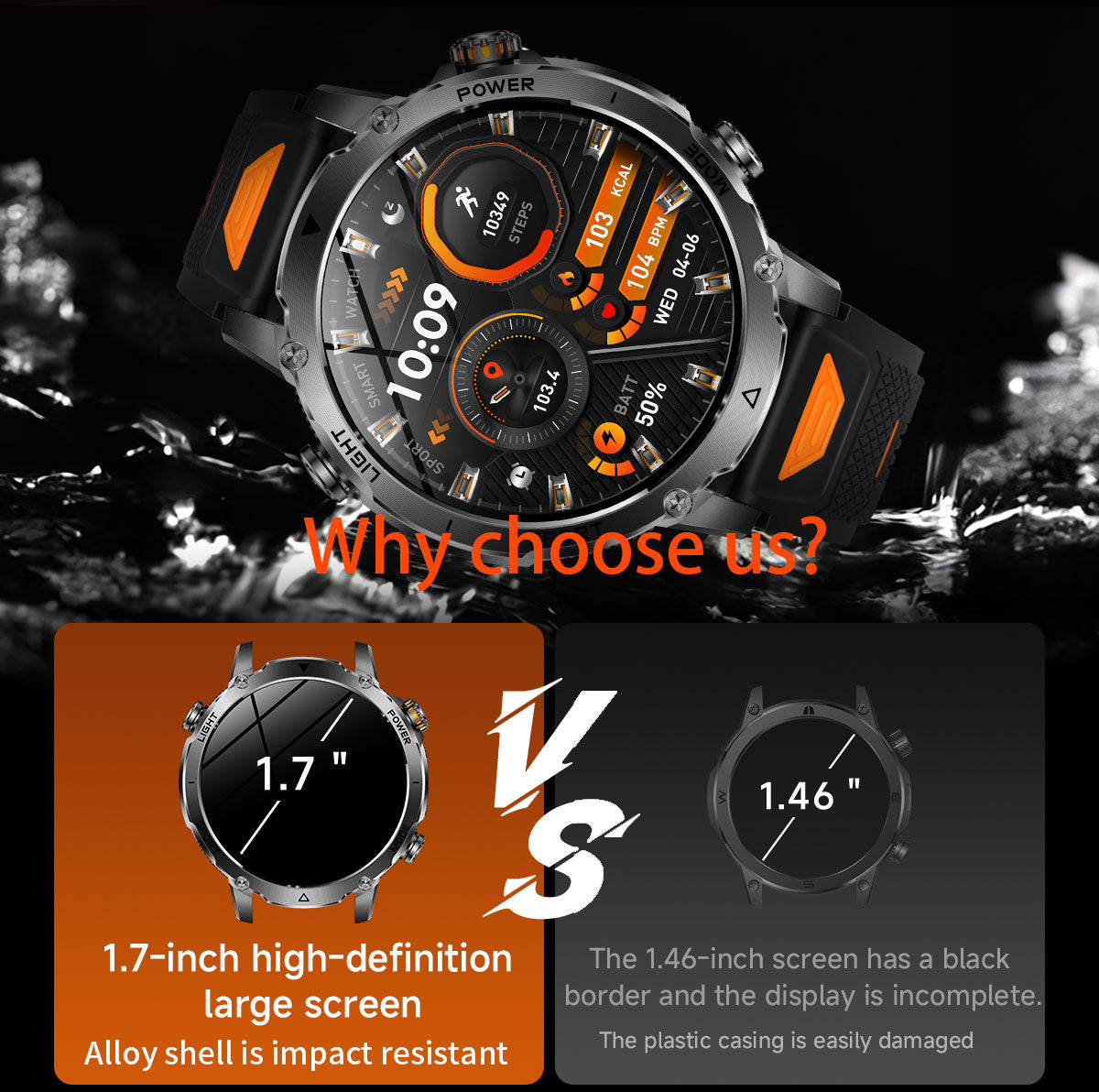 Men’s Outdoor GPS Smart Watch with 1400mAh Battery, 1.7-Inch AMOLED Display, Bluetooth Calling, LED Flashlight, 100+ Sports Modes & IP68 Waterproof – Black