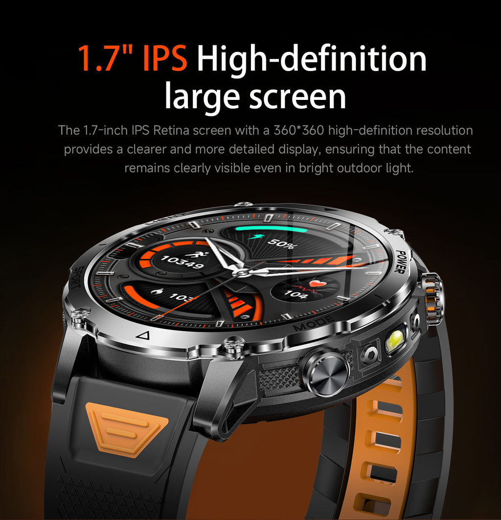Men’s Outdoor GPS Smart Watch with 1400mAh Battery, 1.7-Inch AMOLED Display, Bluetooth Calling, LED Flashlight, 100+ Sports Modes & IP68 Waterproof – Black