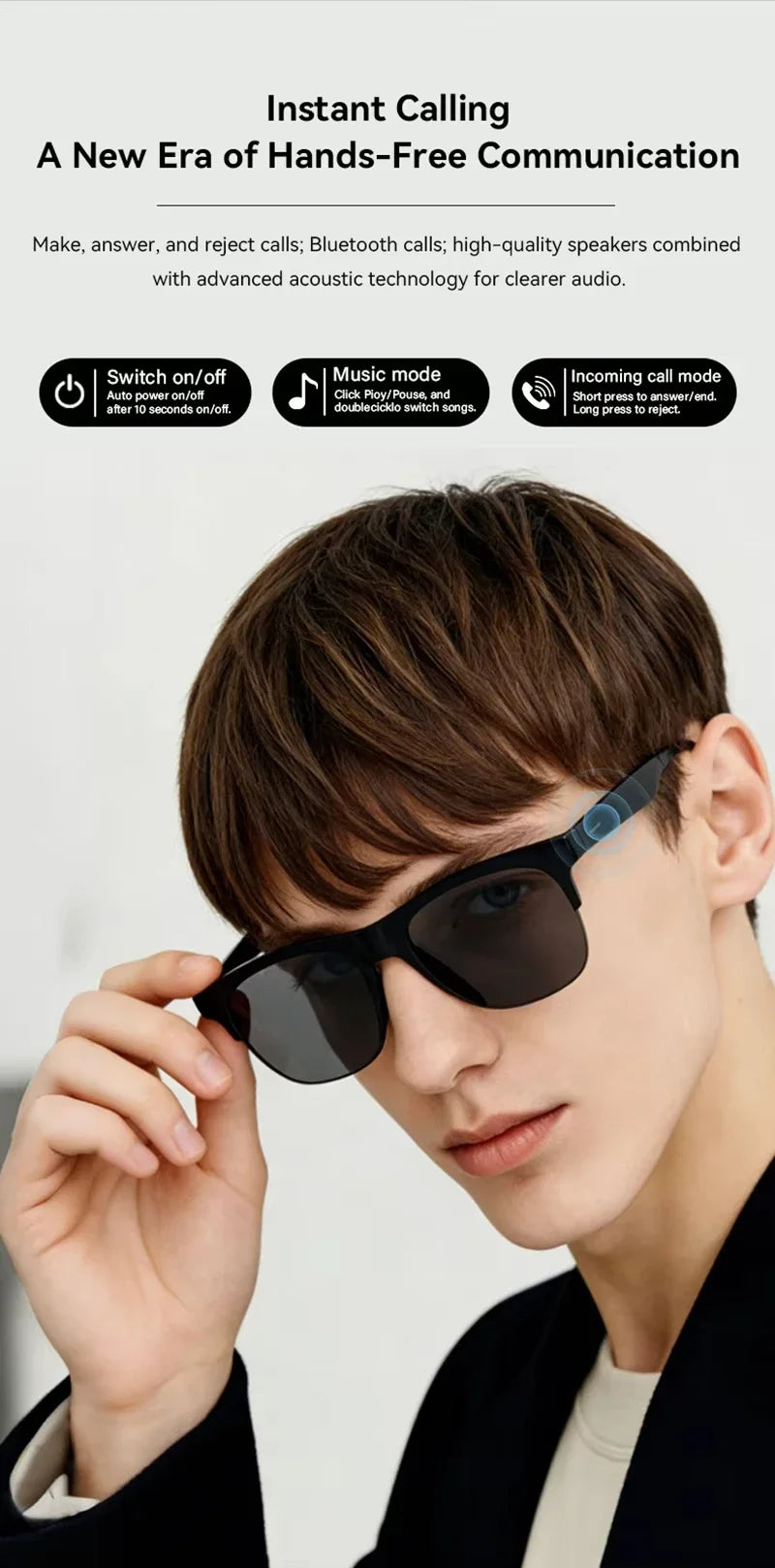 AI Smart Glasses with Camera, Photo & Video Recording, Bluetooth Calling, Touch Control, Voice Assistant & Translation – Black