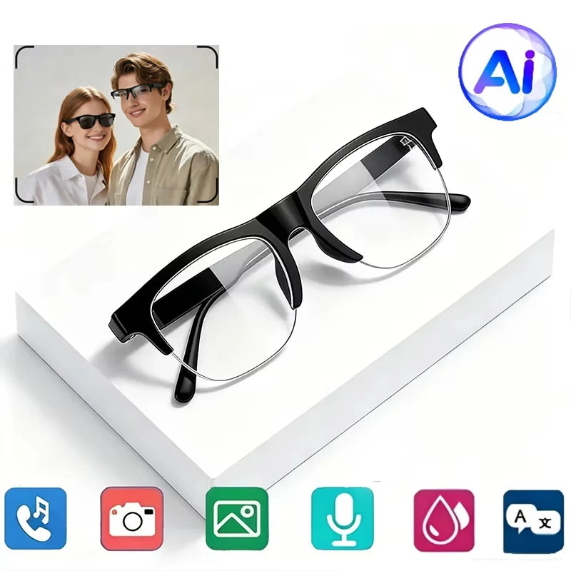 AI Smart Glasses with Camera, Photo & Video Recording, Bluetooth Calling, Touch Control, Voice Assistant & Translation – Black