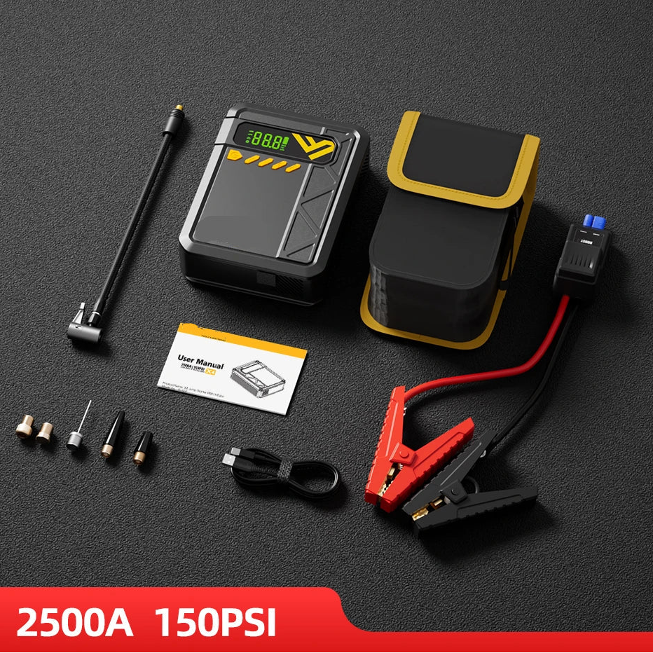 2500A Car Jump Starter with 150 PSI Air Compressor – Powerful 5-in-1 Emergency Battery Booster for up to 8.5L Petrol & 6.0L Diesel – Tire Inflator, Power Bank & SOS Light – 12V