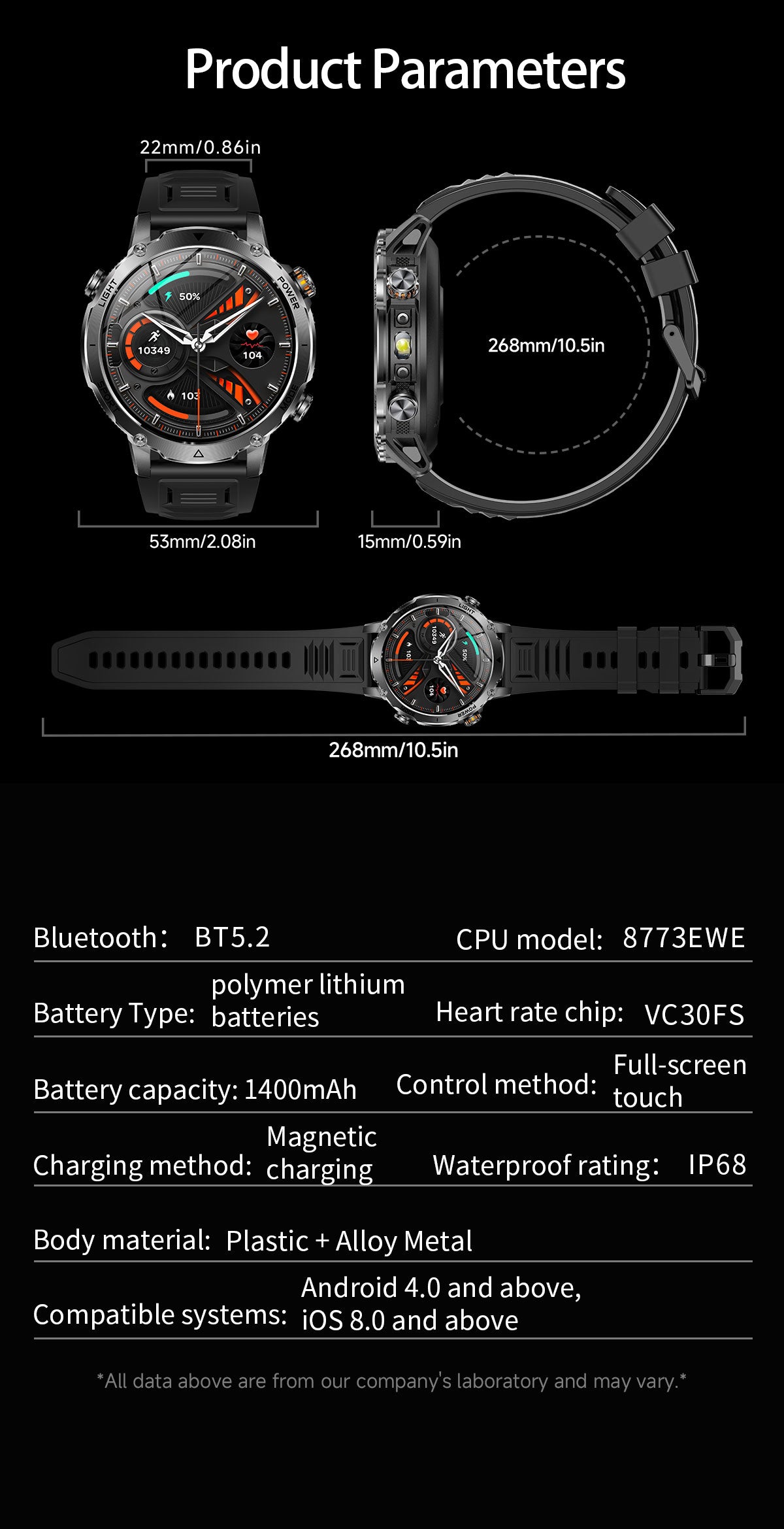 Men’s Outdoor GPS Smart Watch with 1400mAh Battery, 1.7-Inch AMOLED Display, Bluetooth Calling, LED Flashlight, 100+ Sports Modes & IP68 Waterproof – Black