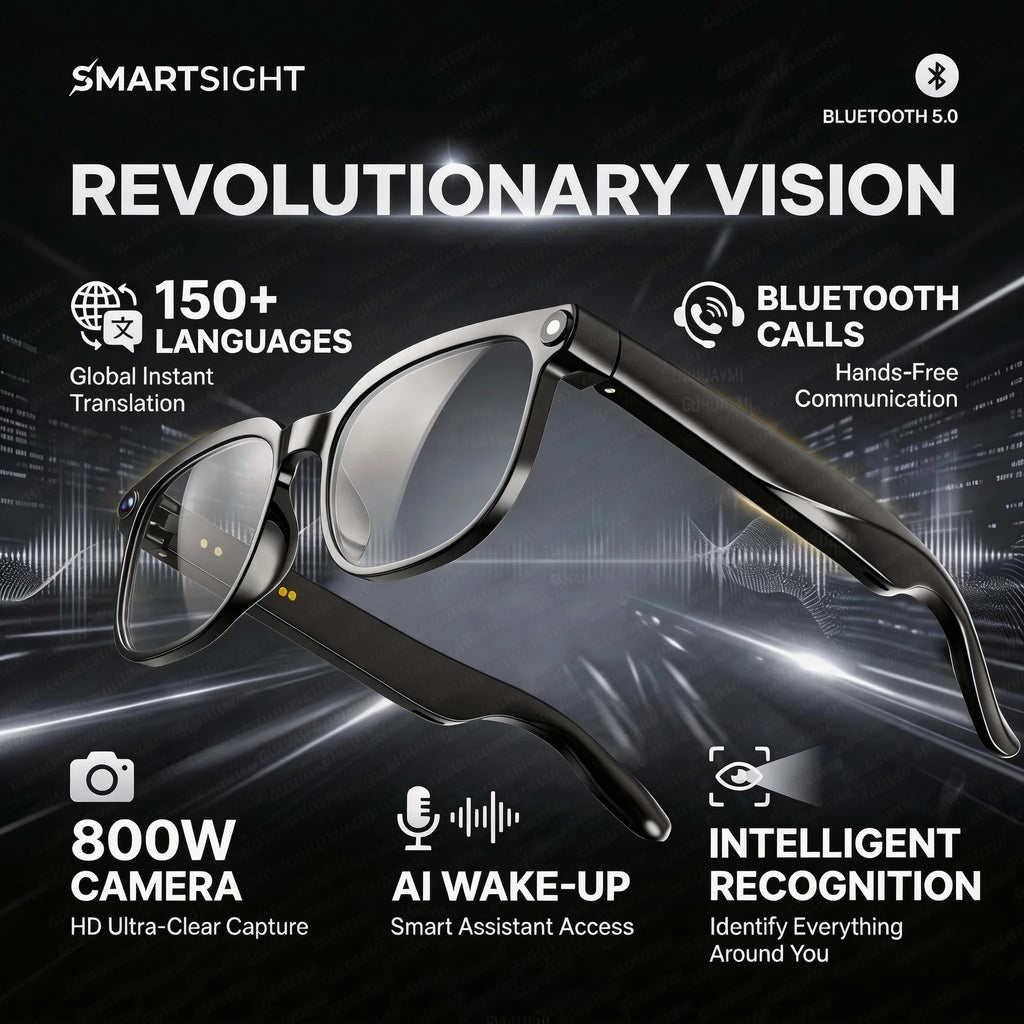 AI Smart Glasses with 8MP Camera, 1080p Video, 150+ Language Translation, ChatGPT, Bluetooth Calling & 16GB Storage – Black