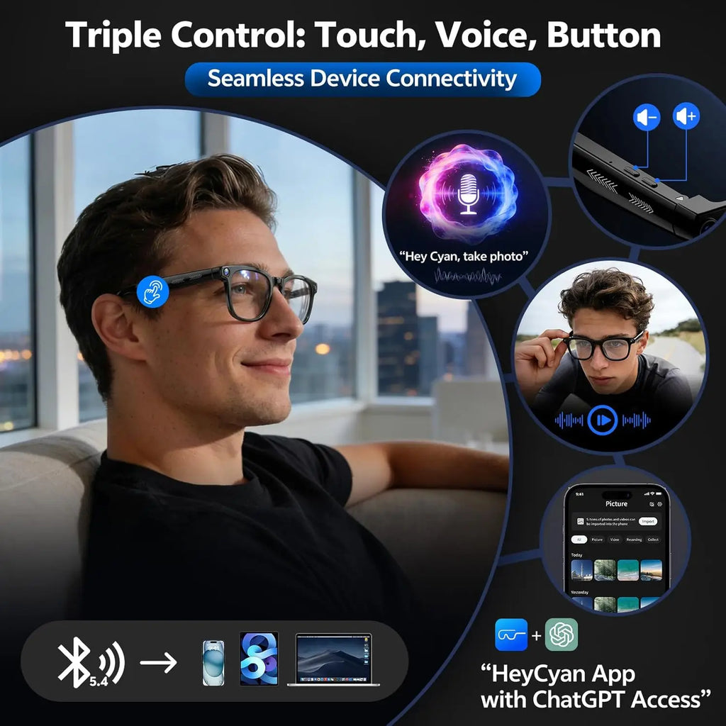 AI Smart Glasses with 8MP Camera, 1080p Video, 150+ Language Translation, ChatGPT, Bluetooth Calling & 16GB Storage – Black