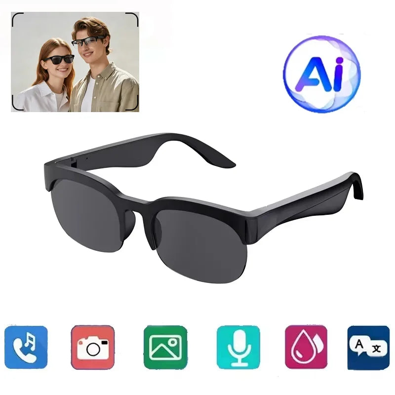 AI Smart Glasses with Camera, Photo & Video Recording, Bluetooth Calling, Touch Control, Voice Assistant & Translation – Black