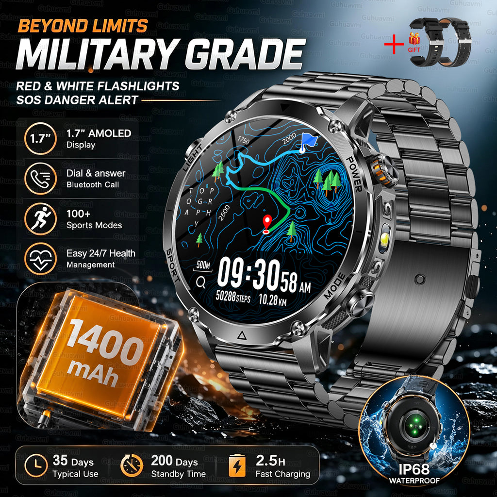 Men’s Outdoor GPS Smart Watch with 1400mAh Battery, 1.7-Inch AMOLED Display, Bluetooth Calling, LED Flashlight, 100+ Sports Modes & IP68 Waterproof – Black