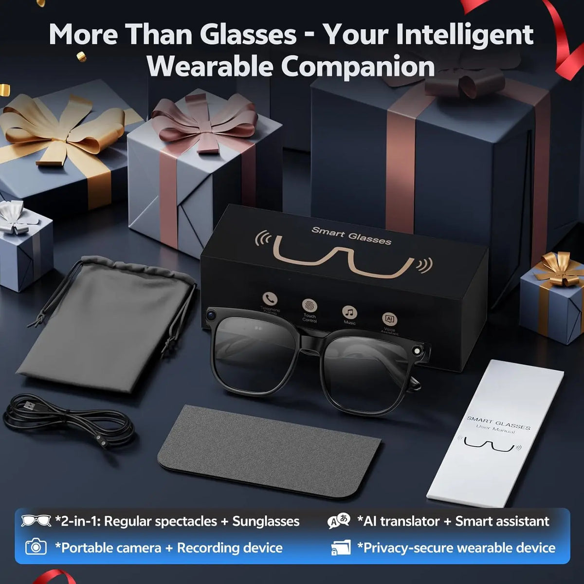 AI Smart Glasses with 8MP Camera, 1080p Video, 150+ Language Translation, ChatGPT, Bluetooth Calling & 16GB Storage – Black