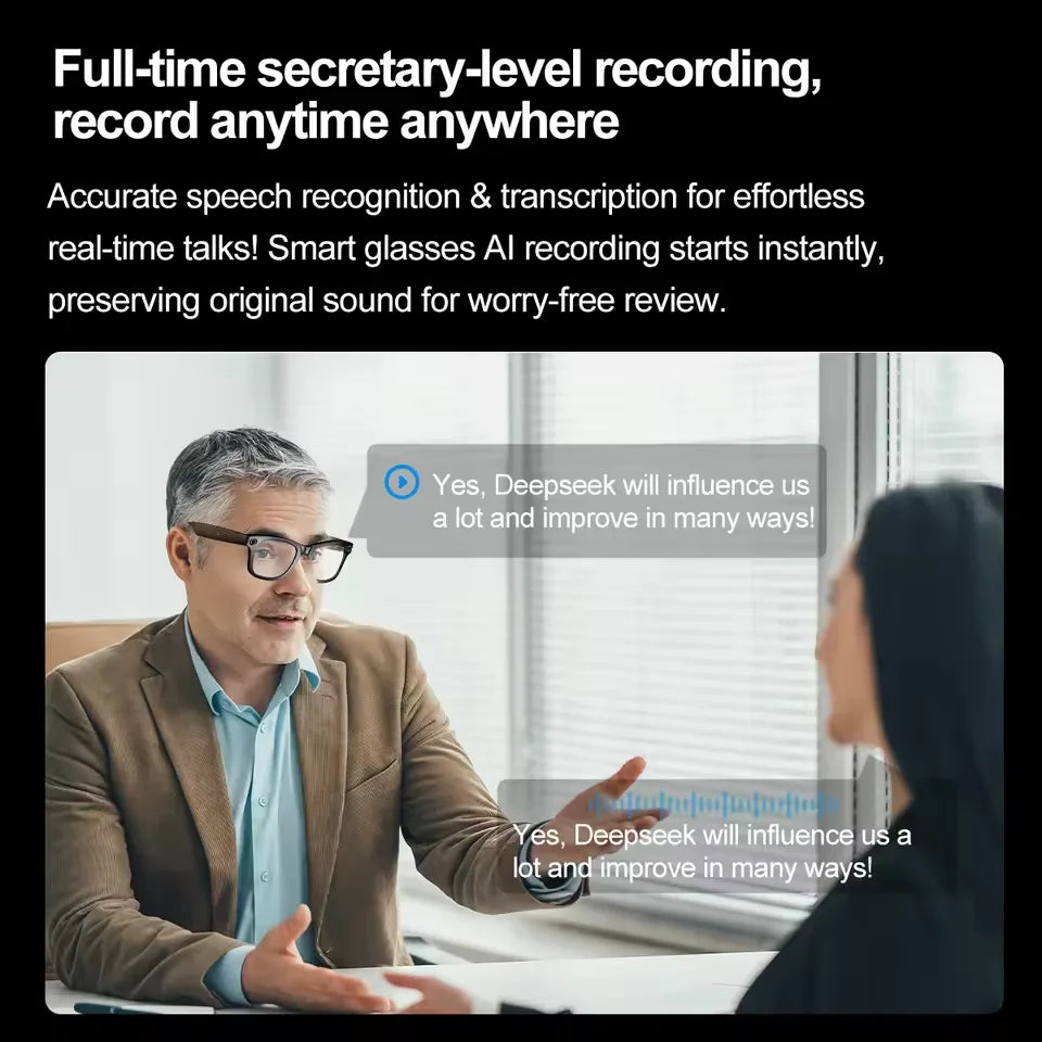 AI Smart Glasses with 8MP Camera, Photo & Video Recording, Live Translation, Bluetooth Calling, Open-Ear Audio & Photochromic Lenses