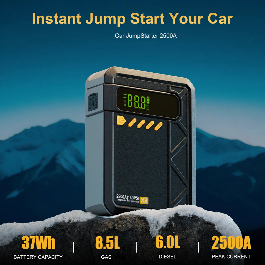2500A Car Jump Starter with 150 PSI Air Compressor – Powerful 5-in-1 Emergency Battery Booster for up to 8.5L Petrol & 6.0L Diesel – Tire Inflator, Power Bank & SOS Light – 12V