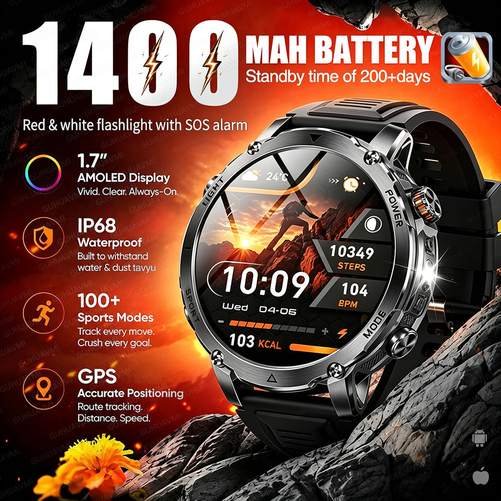 Men’s Outdoor GPS Smart Watch with 1400mAh Battery, 1.7-Inch AMOLED Display, Bluetooth Calling, LED Flashlight, 100+ Sports Modes & IP68 Waterproof – Black