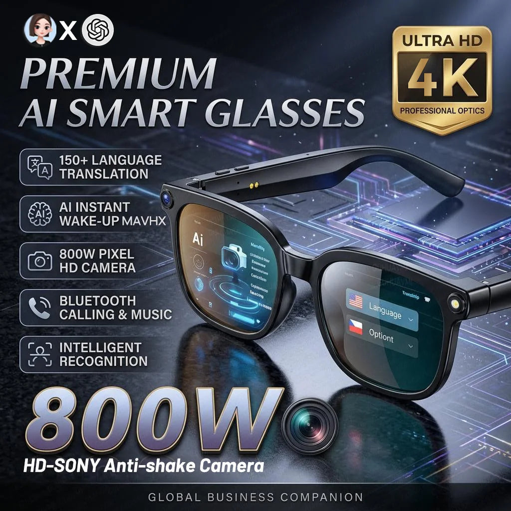 AI Smart Glasses with 8MP Camera, 1080p Video, 150+ Language Translation, ChatGPT, Bluetooth Calling & 16GB Storage – Black