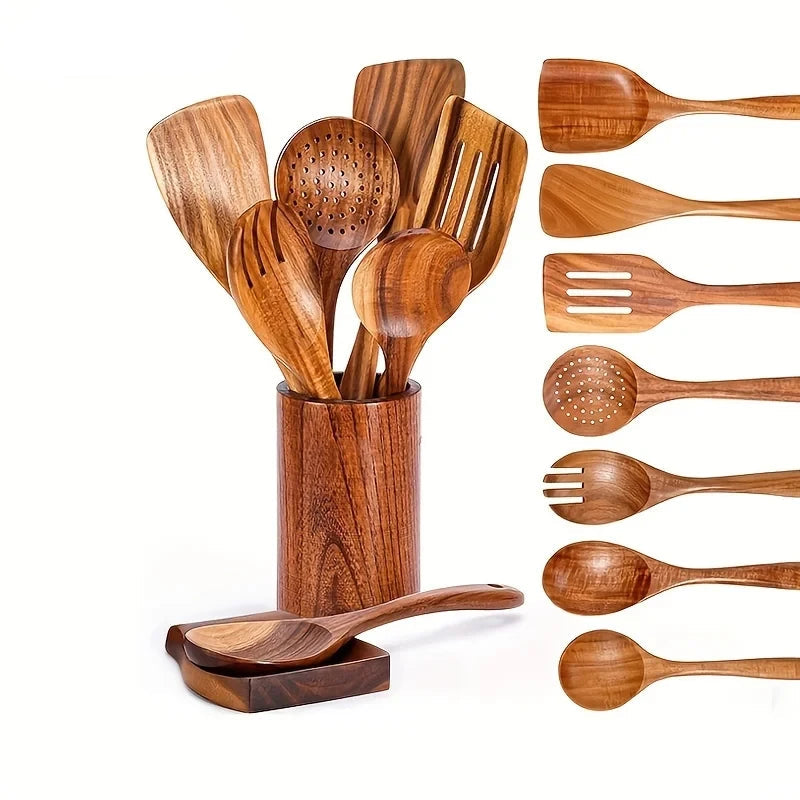 9-Piece Teak Wooden Kitchen Utensil Set with Holder & Spoon Rest – Premium Wooden Cooking Spoons, Spatulas, Strainer & Salad Servers – Durable Cooking Utensils Set
